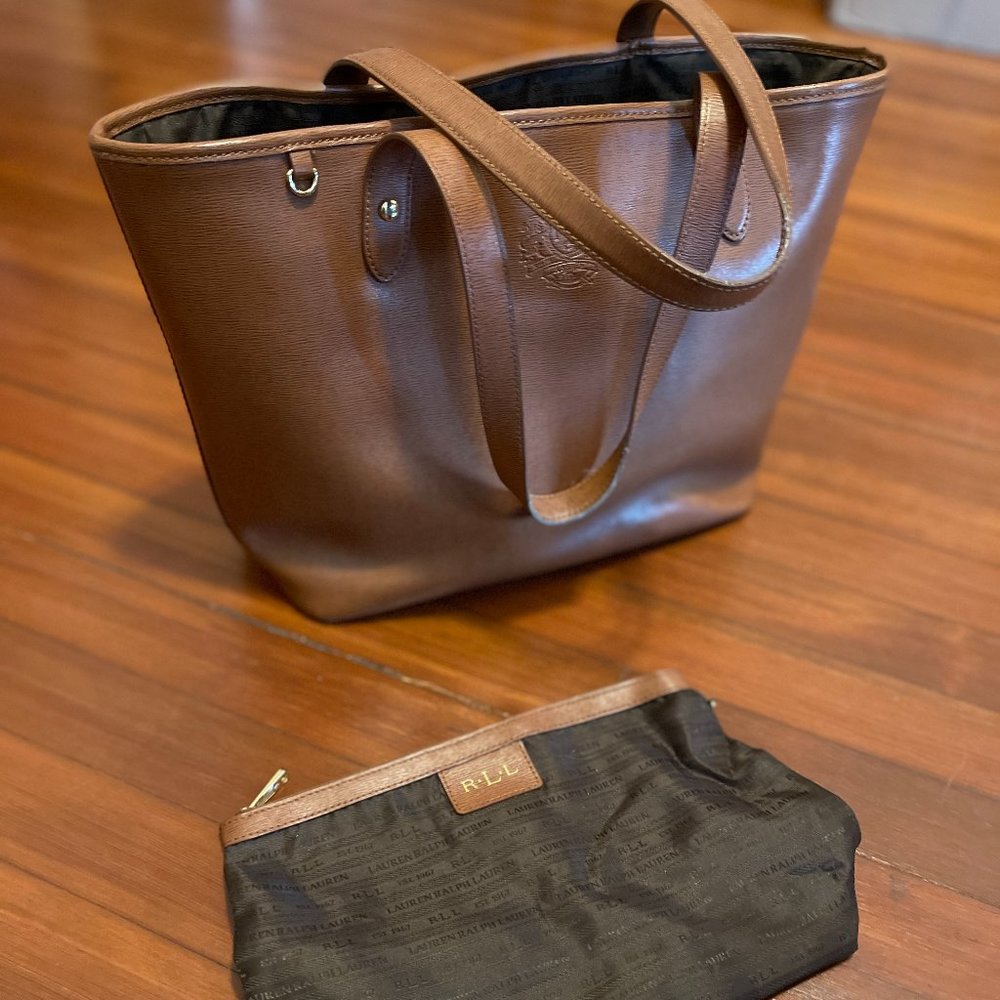 Ralph Lauren Brown Leather Tote & Cosmetic Bag
